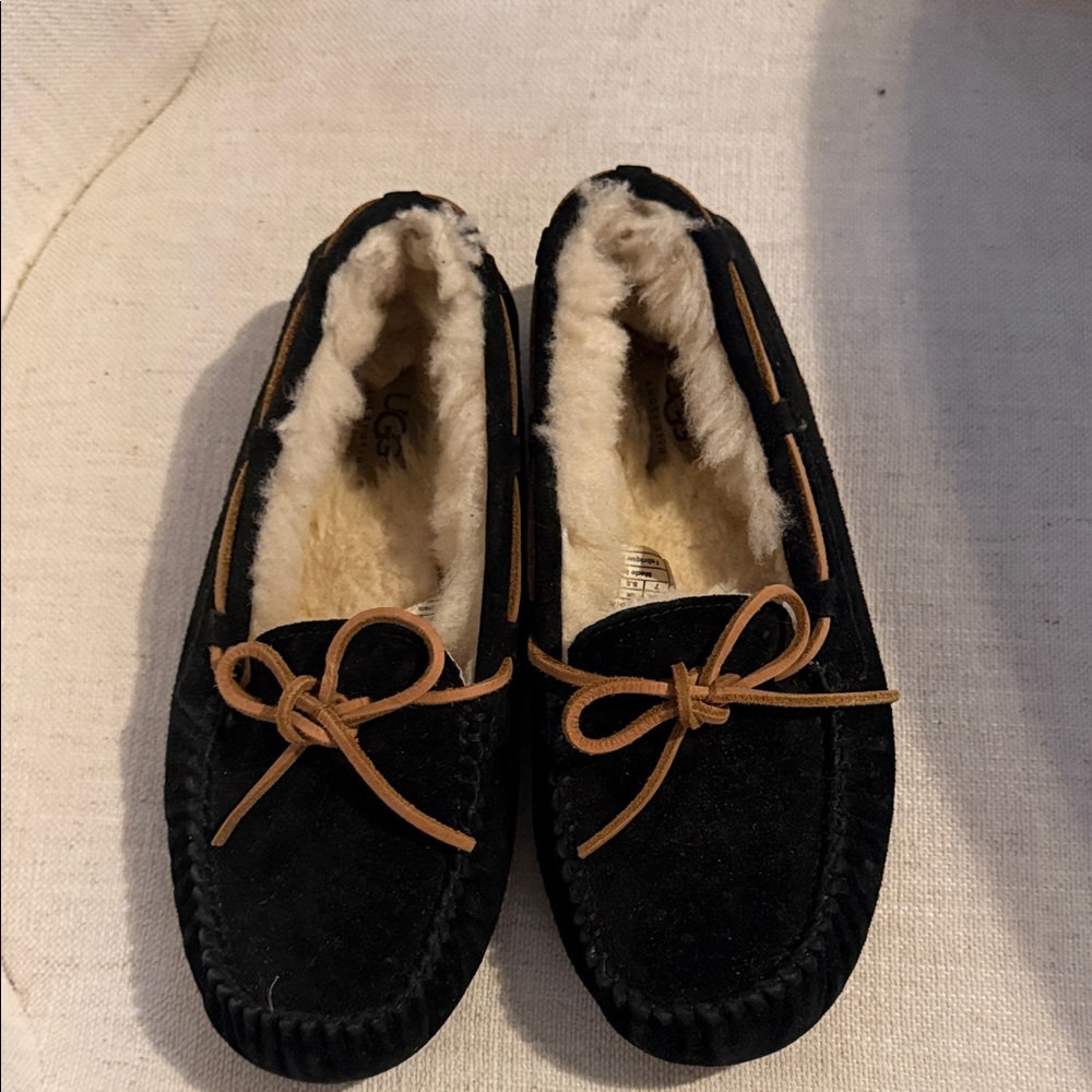 UGG Black Moccasins with Tan Accents